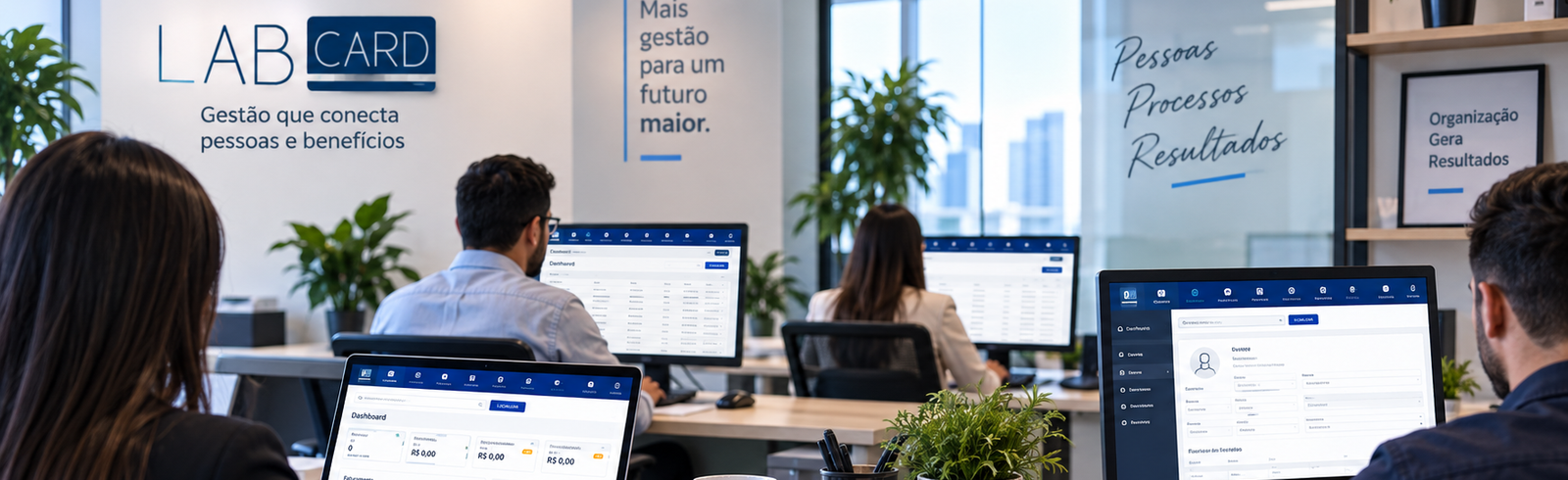 Equipe utilizando o sistema LabCard em um ambiente profissional
